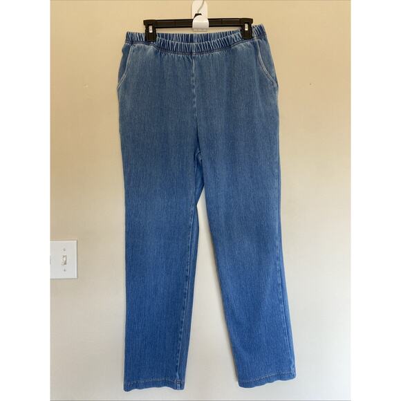 LL Bean Medium Wash Stretch Denim Elastic Waist Pull On Pants Jeans Womens Large - Picture 1 of 9